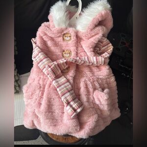 Pink Furry Hooded Coat with Bear Buttons 2T
